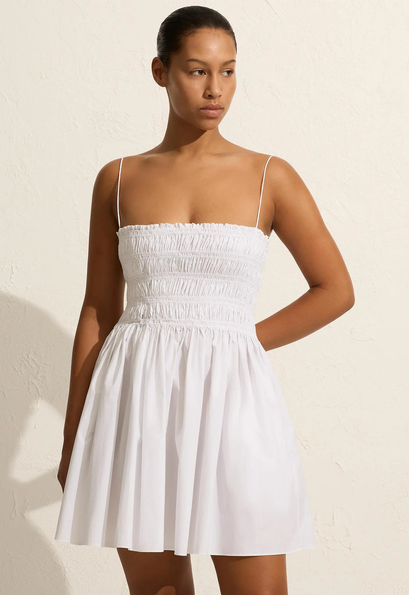 Shirred Bodice Mini Dress - White