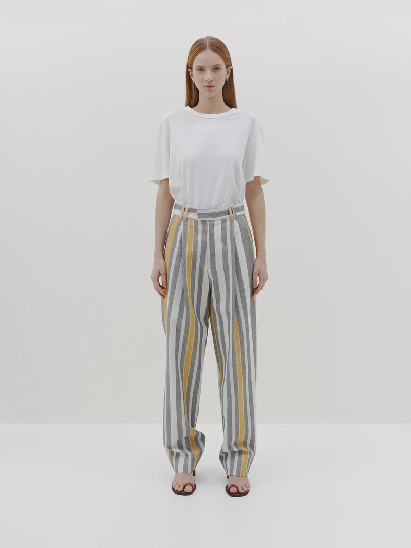 Stripe Pleated Straight Pant -  Natural/Marigold/Grey
