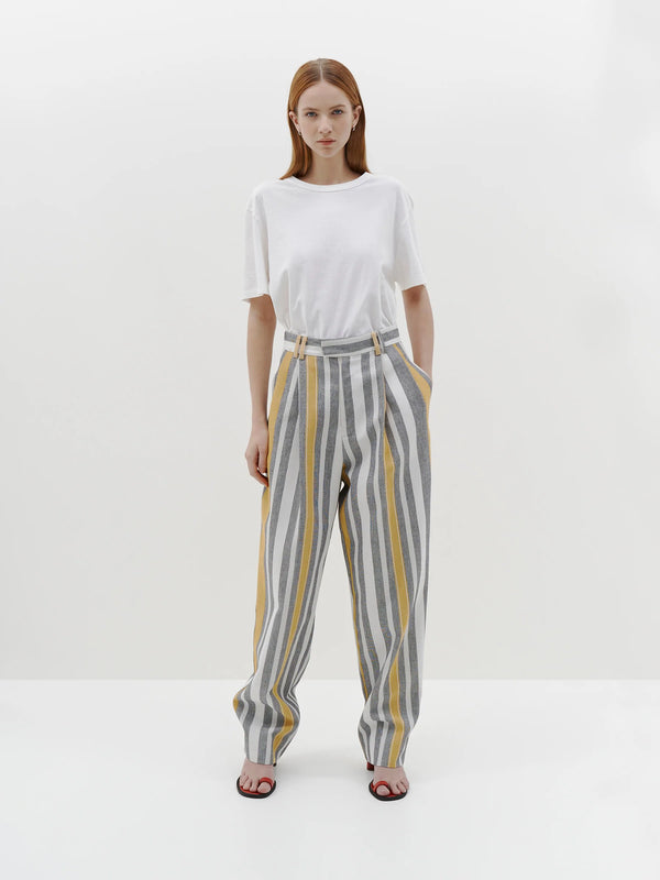 Stripe Pleated Straight Pant -  Natural/Marigold/Grey