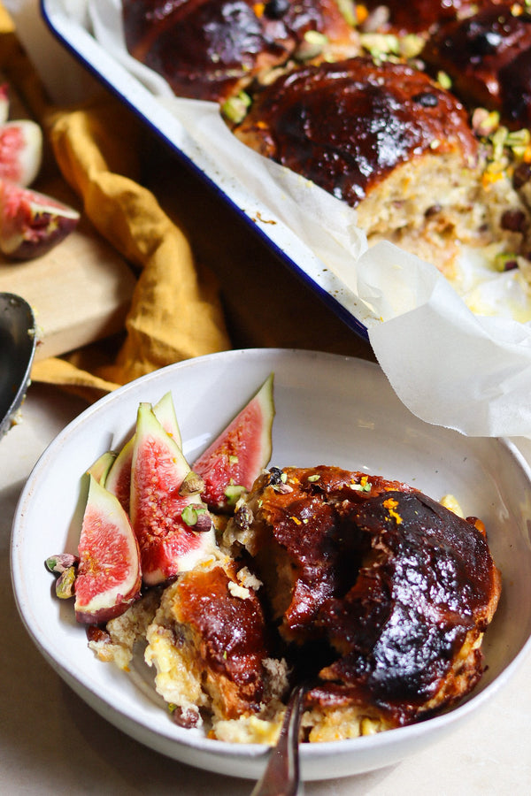 Hot Cross Pudding with Marscapone, Figs and Pistachio
