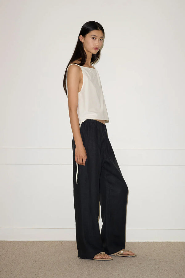 Double Waist Linen Pant - Black