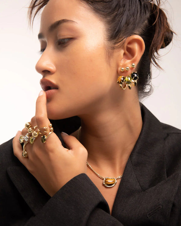 Bean Chain Gemstone Choker - Brass +18k Gold Plate and Tigers Eye
