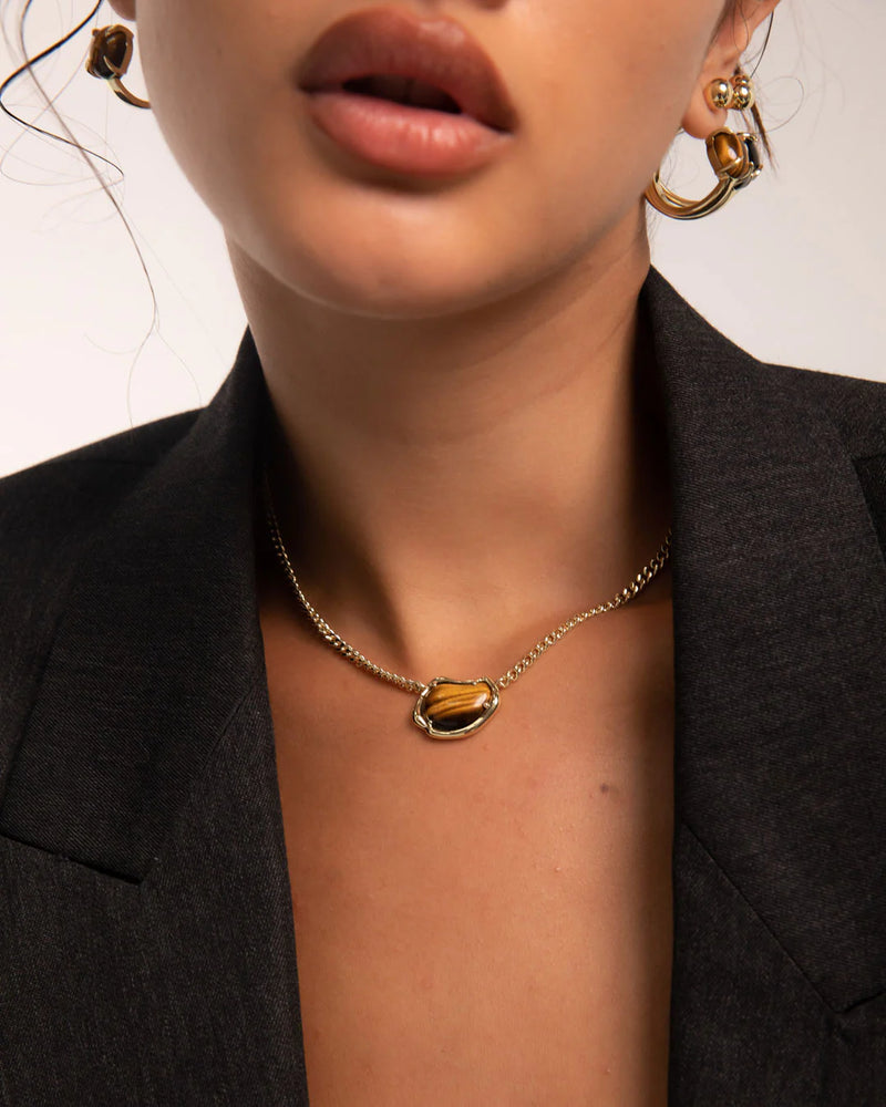 Bean Chain Gemstone Choker - Brass +18k Gold Plate and Tigers Eye