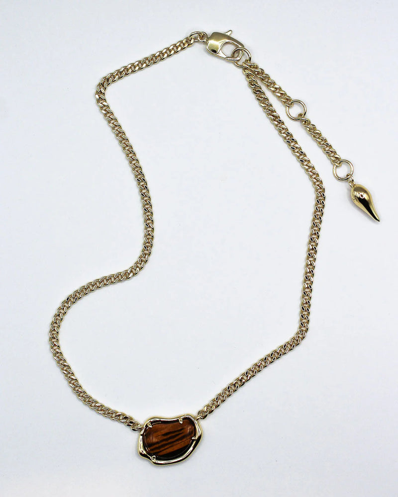 Bean Chain Gemstone Choker - Brass +18k Gold Plate and Tigers Eye