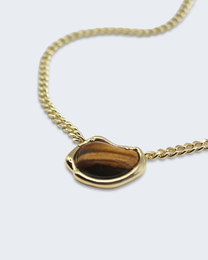 Bean Chain Gemstone Choker - Brass +18k Gold Plate and Tigers Eye