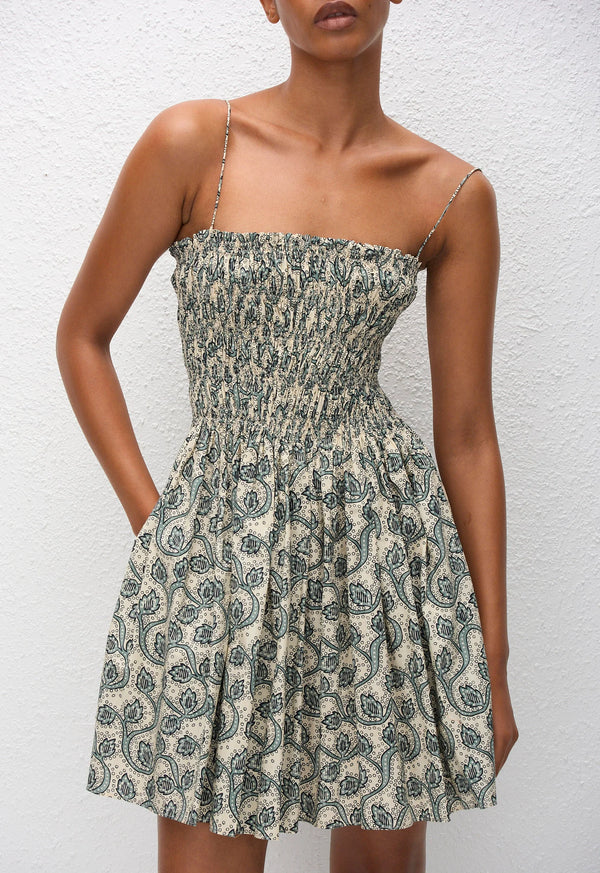 Shirred Bodice Mini Dress - Vine