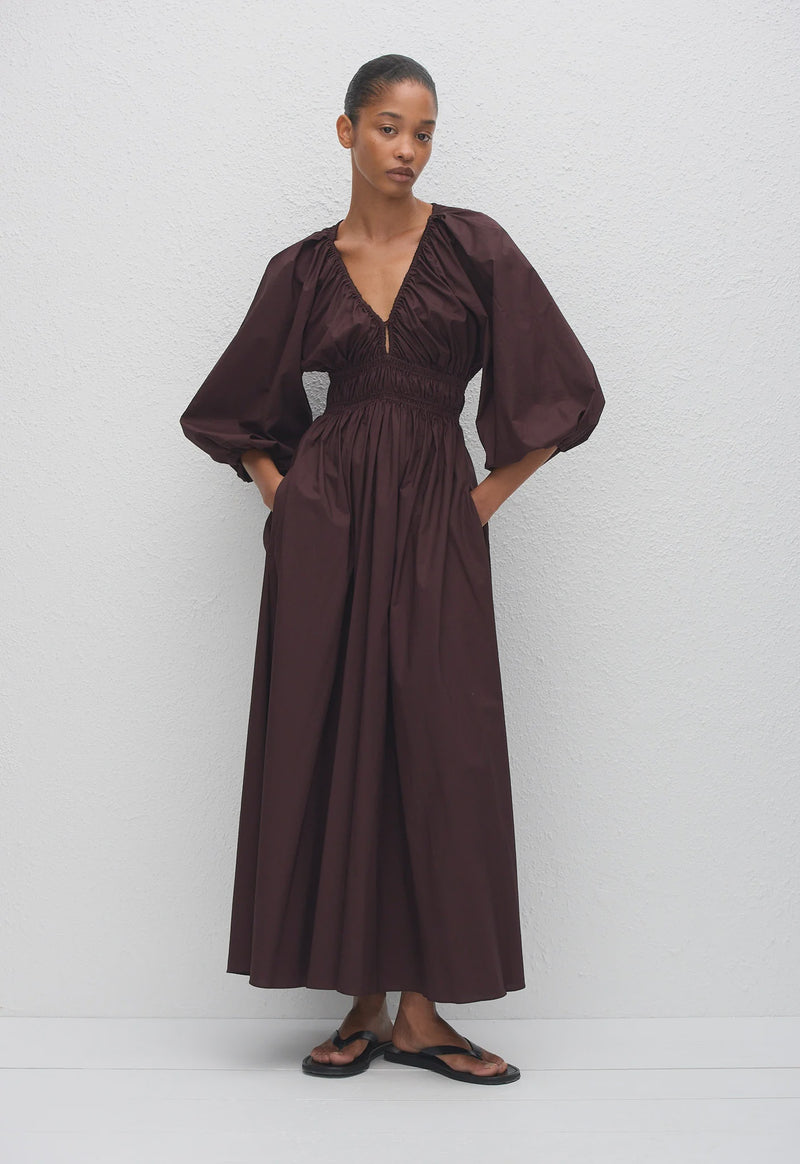 Shirred Plunge Button Dress - Aubergine