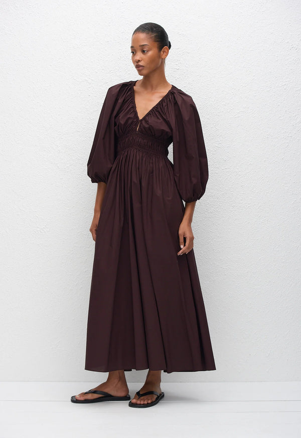 Shirred Plunge Button Dress - Aubergine