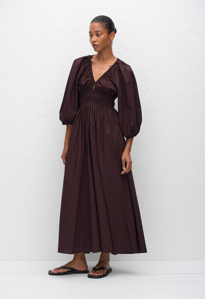 Shirred Plunge Button Dress - Aubergine