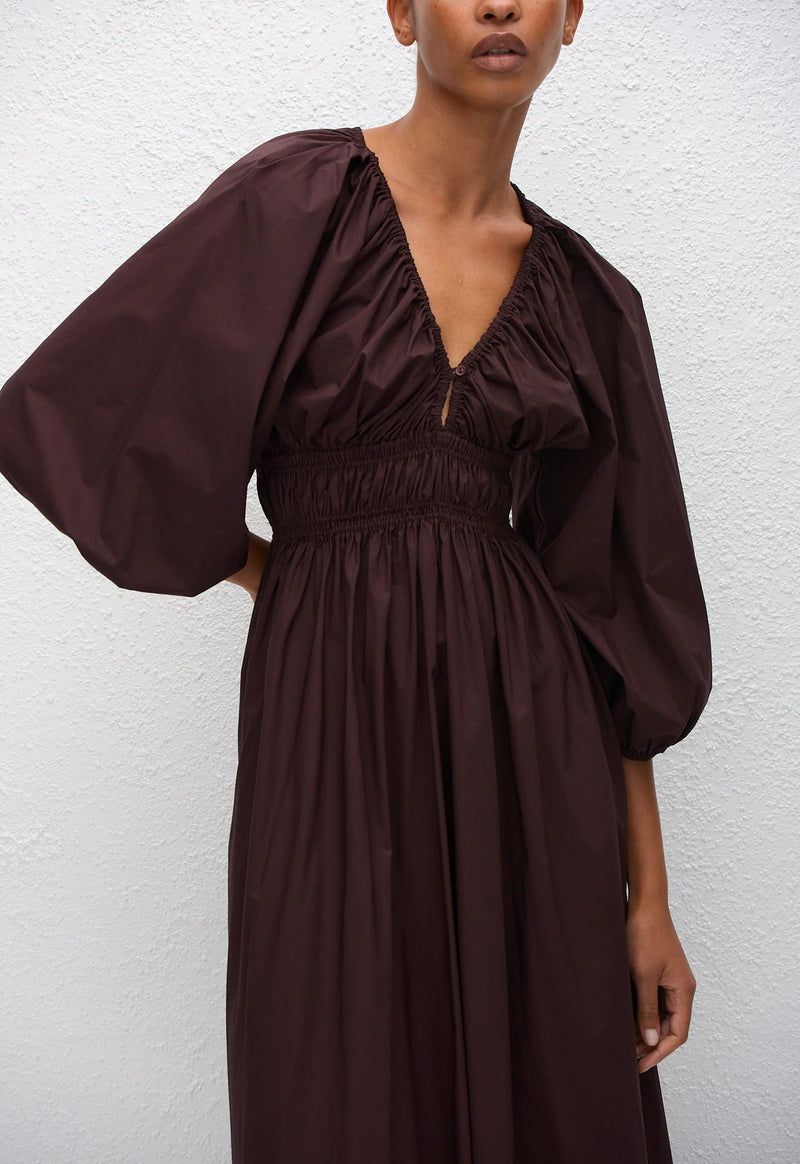 Shirred Plunge Button Dress - Aubergine