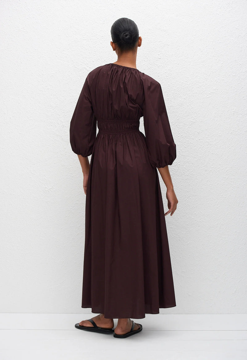 Shirred Plunge Button Dress - Aubergine