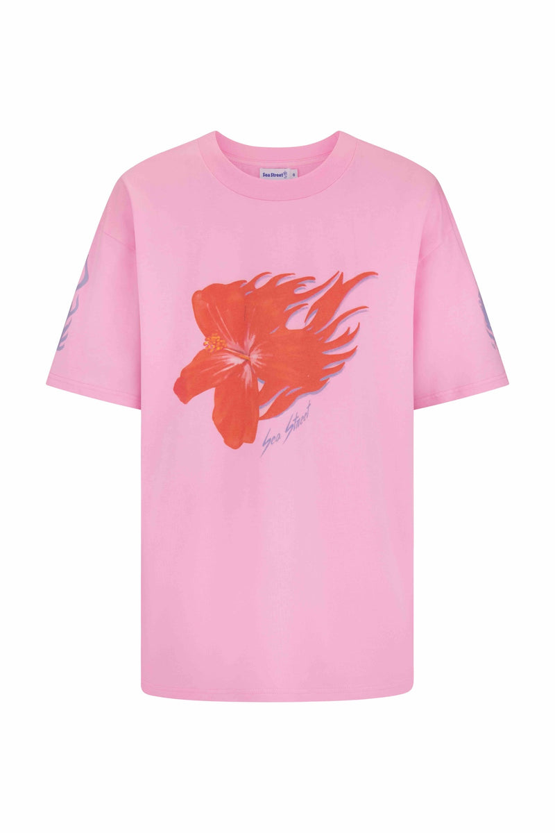 Flaming Hibiscus Relaxed  T-Shirt - Pink