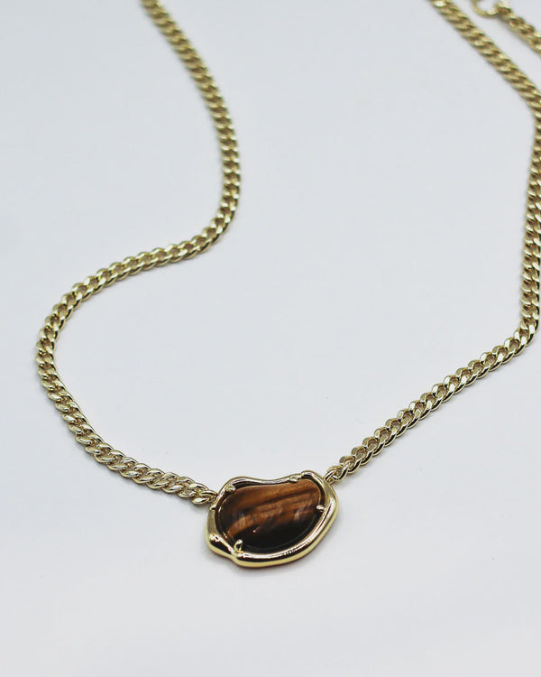 Bean Chain Gemstone Choker - Brass +18k Gold Plate and Tigers Eye