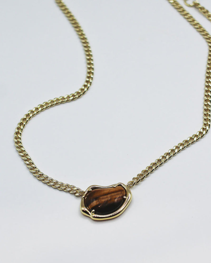 Bean Chain Gemstone Choker - Brass +18k Gold Plate and Tigers Eye