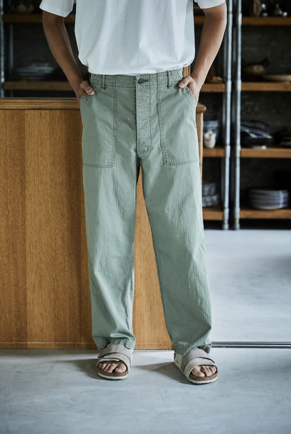 オアスロウ HERRINGBONE SUMMER FATIGUE PANTS orSlow - Summer Fatigue Pants - Green Herringbone Twill