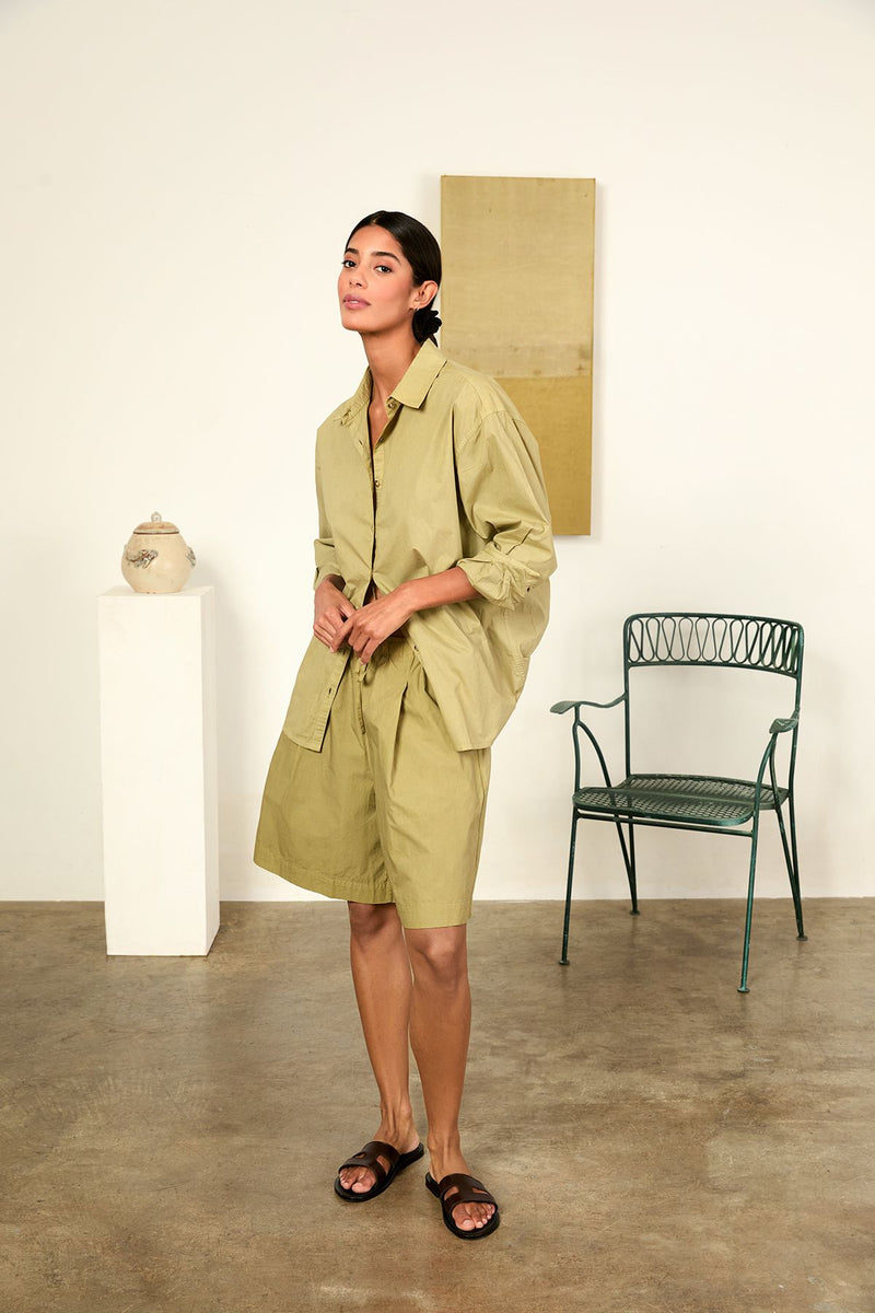 Catano Khaki Washed Cotton Poplin Oversized Short