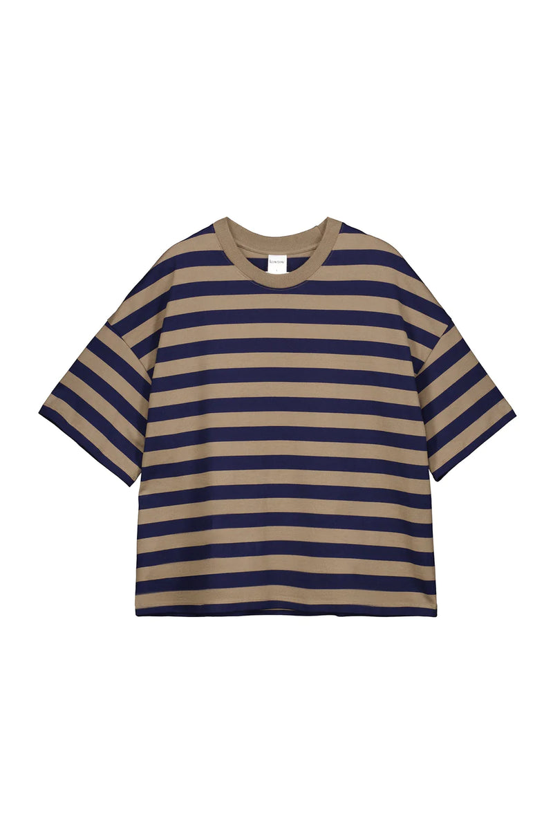 Oversized Boxy Tee - Navy Taupe Stripe
