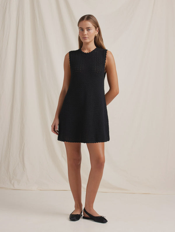 Pointelle Shift Mini Dress - Noir