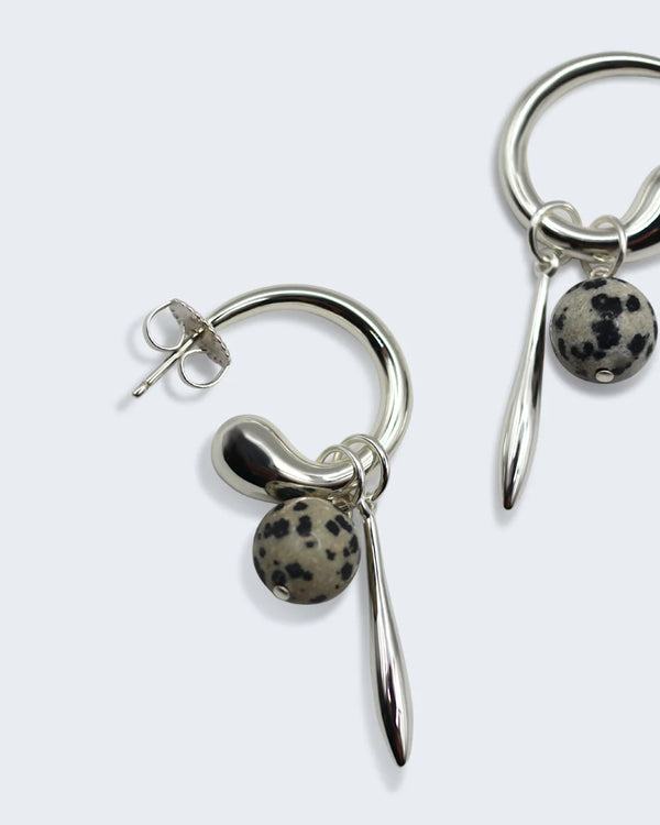 Swirl Statement Charm Earrings - Brass, Sterling silver plating + Dalmation Jasper