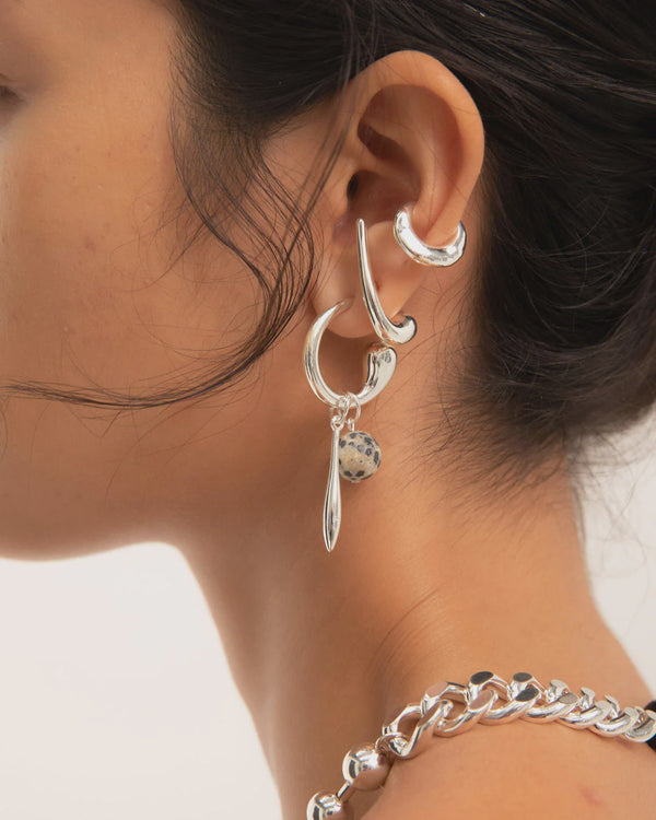 Swirl Statement Charm Earrings - Brass, Sterling silver plating + Dalmation Jasper
