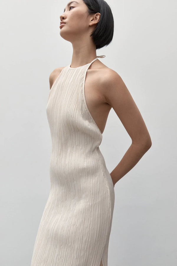 Pleated Halter Dress - Oyster