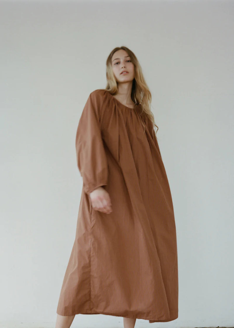 The Gathered Cotton Dress - Tobacco Check