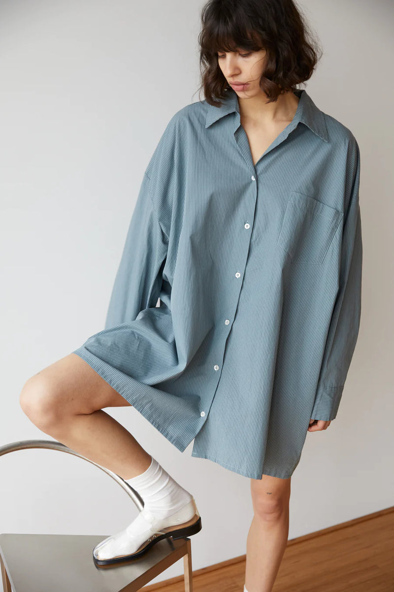 The Cotton Shirt Dress - Blue Green Stripe