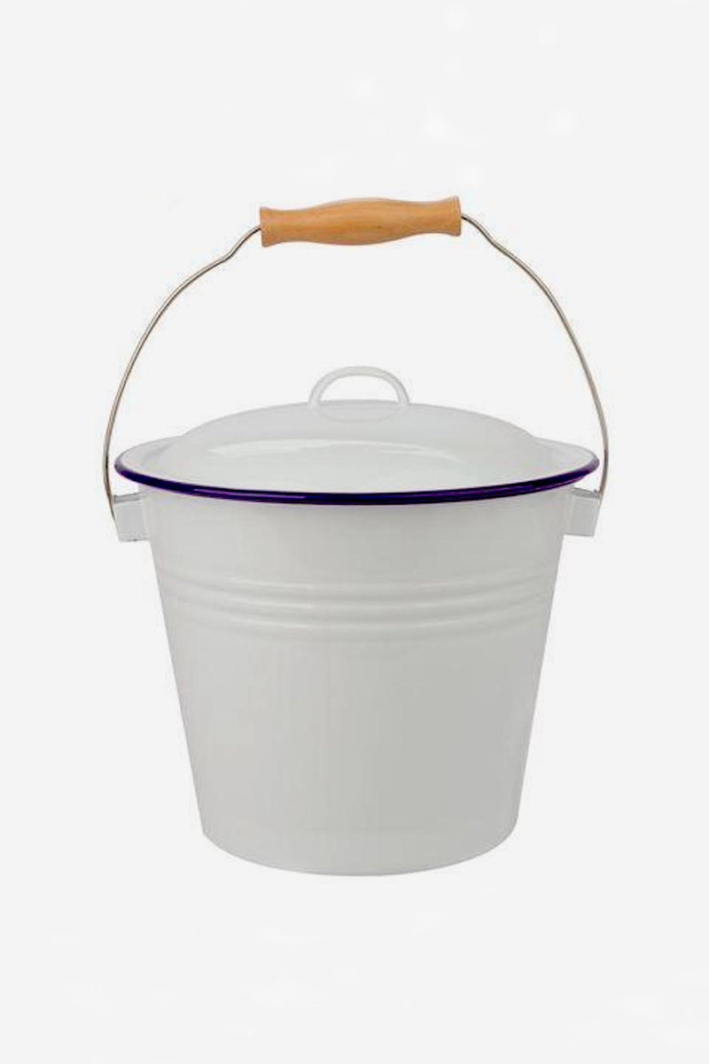 Enamel Bucket with Lid - White/Blue