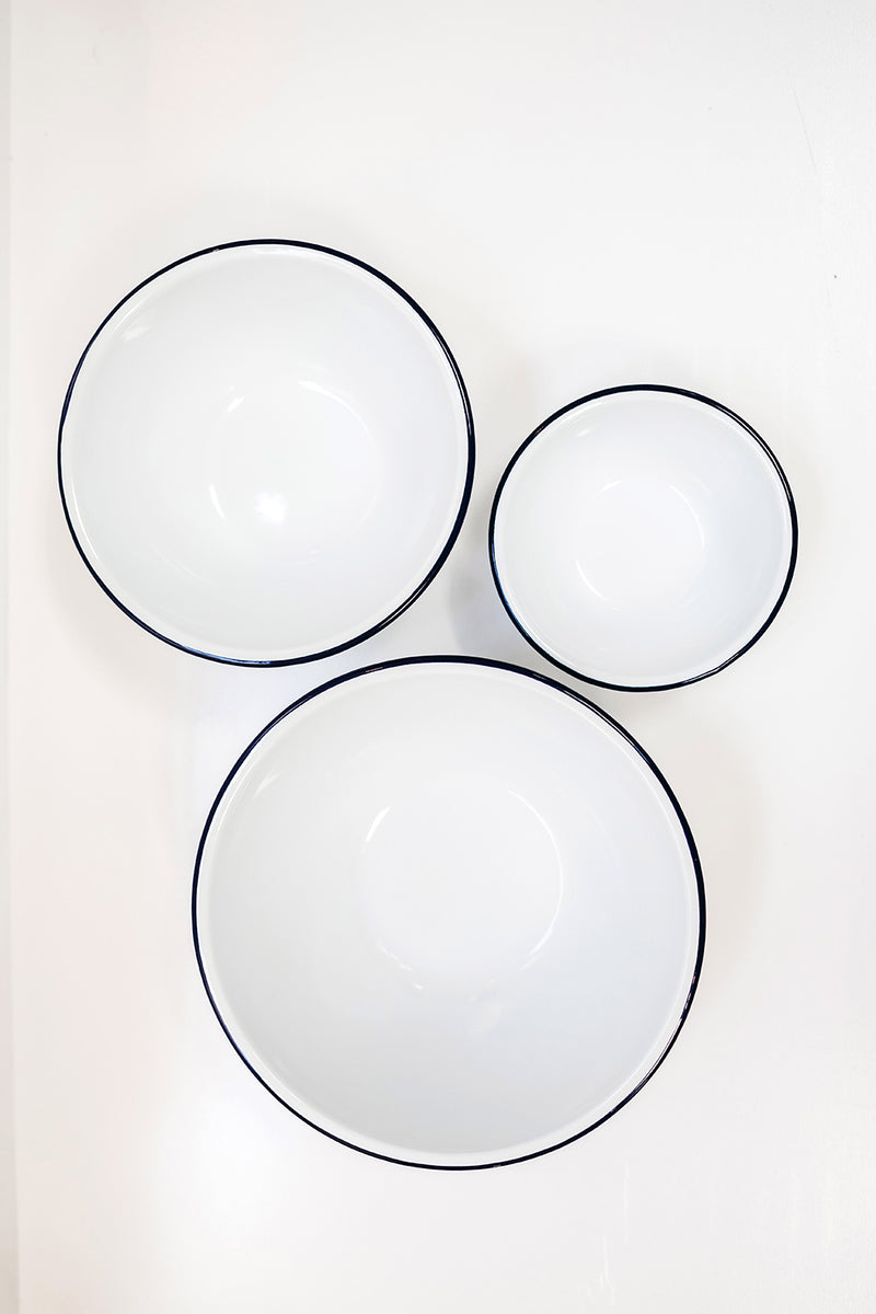 Enamel Mixing Bowl Set (3pc) ~ White/Blue Rim