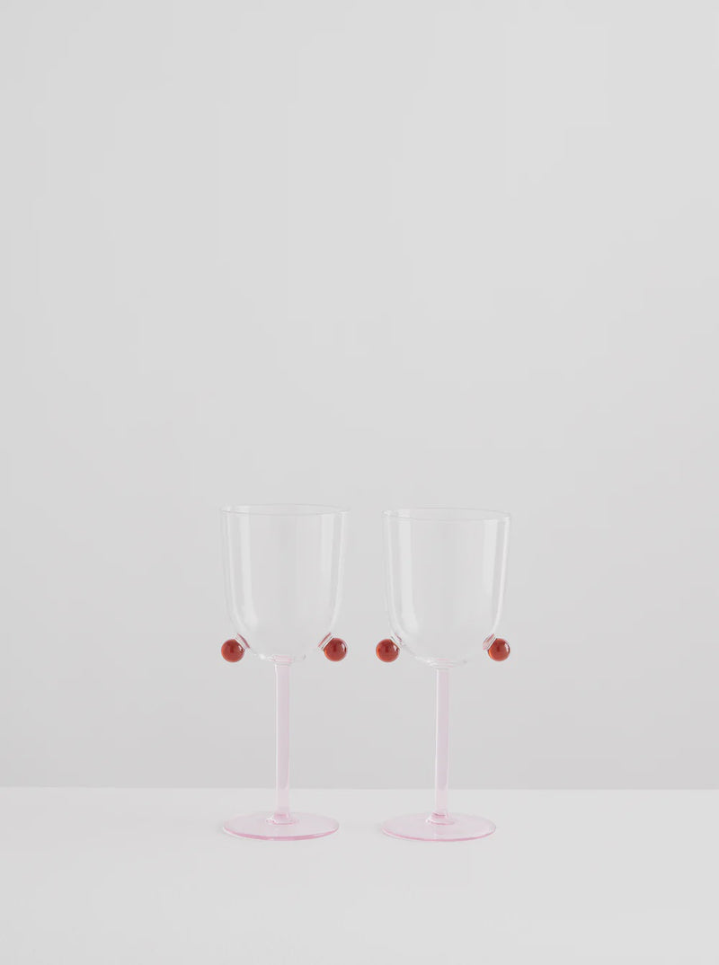 2 Pompom Wine Glasses - Pink & Amber