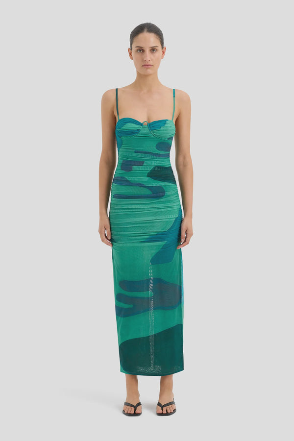 Frankie Gathered Midi Dress - Emerald Reflection