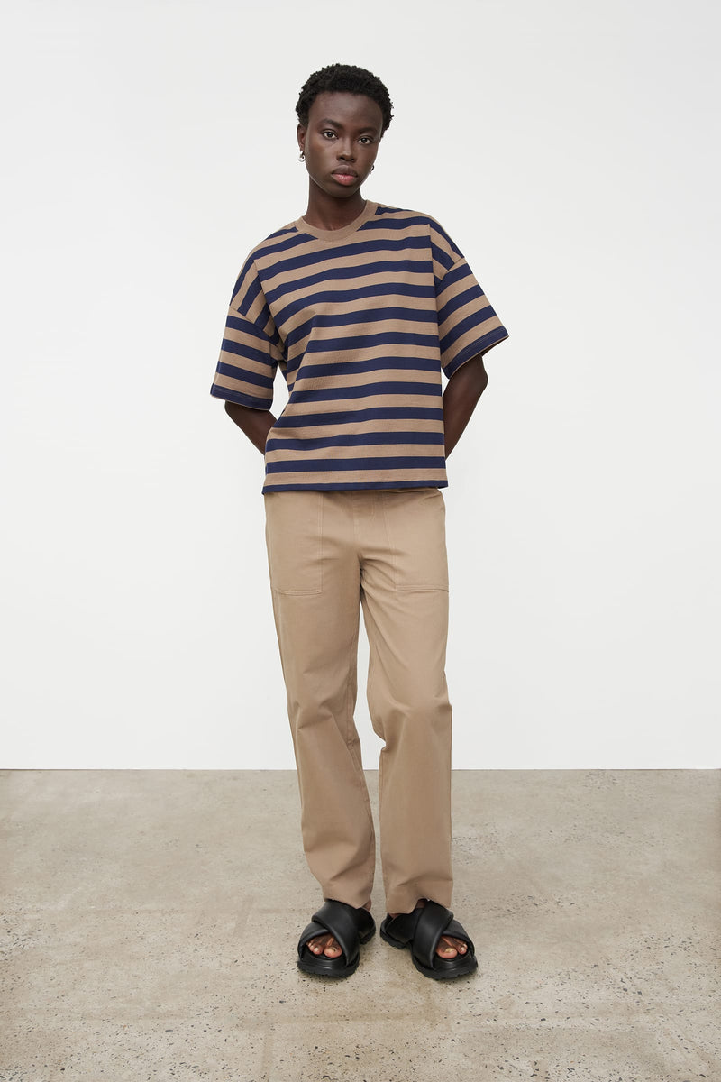 Oversized Boxy Tee - Navy Taupe Stripe